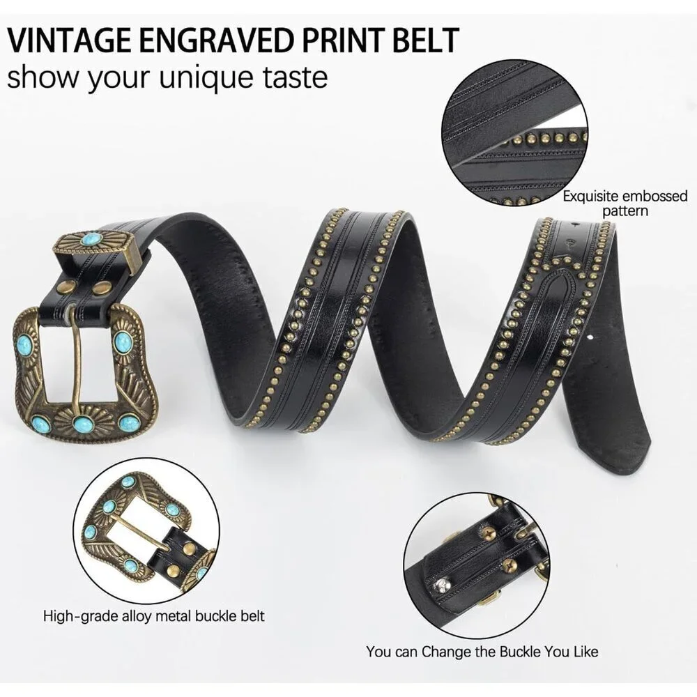 Women's Black Adjustable Vintage Western Belts Engraved Buckle Cowgirl Belt